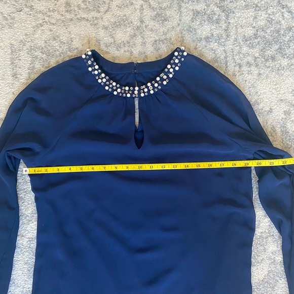 SLNY Navy Blue Long Sleeves Pearls Holiday Dress Size 8 - Picture 15 of 15